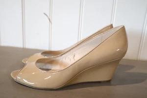 NINE WEST Size 12 Womens Leather Caramel Peep Toe Wedge Heels - Picture 1 of 8
