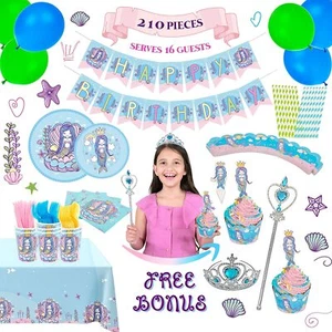 Mermaid Party Supplies Pack - Serves 16 - 210 Pc Decor Tableware Set Tiara Wand - Picture 1 of 7