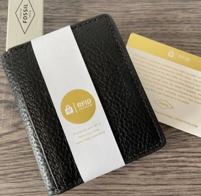 FOSSIL BLACK LEATHER CARDHOLDER & MONEY CLIP WITH RFID IDENTITY PROTECTION BNWT - Image 1 of 4