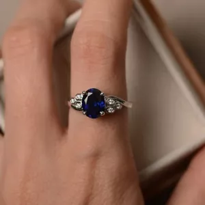 Blue Sapphire Stack Ring Lab Created Gemstone Sterling Silver Women Minimal Ring - Picture 1 of 5