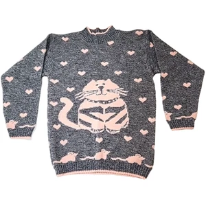 Maglione vintage La Venture donna S nero rosa gatto cuori topi finto collo anni 80 USA - Foto 1 di 9