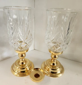 Vintage Pair Heavy Cut Glass Hurricane Candle Holder with Gold Metal Base 11” - Picture 1 of 10