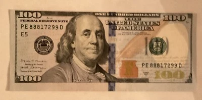 100 dollar bill EXTREME MISCUT error 2017 a series SERIAL# PE88817299D - Image 1 of 4