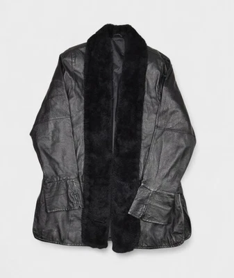 Chaqueta de cuero vintage para mujer mediana negra ribete de piel sintética chal Lane Bryant Foto 1 de 4