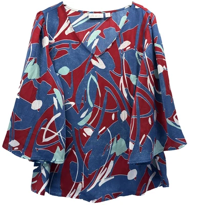 Top de mujer Belle by Kim gravel talla mediana rojo azul abullonada manga 3/4 ancho pulóver Foto 1 de 4