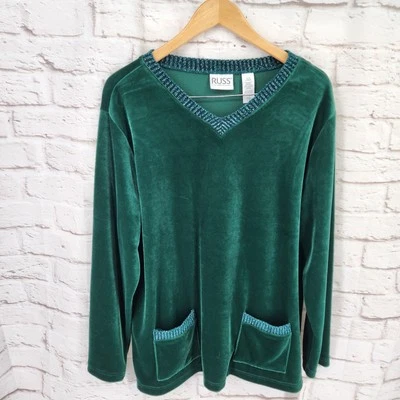 Vtg Green Velvet Top Women Large Glam Sparkle Party Tunic Modest Cottage Boho - Image 1 of 4