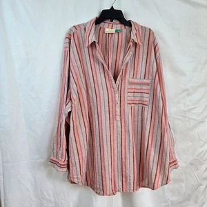Maeve Anthropologie Lida Pink Tan Striped Long Sleeve Linen Button Up Blouse 3X - Picture 1 of 12