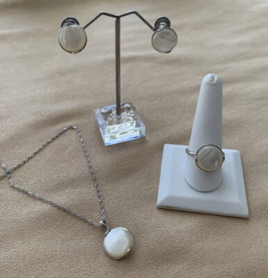 14-14.5mm Round White Mother of Pearl Sterling Silver Earrings, Ring & Necklace - Image 1 of 4