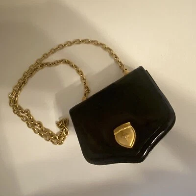 De colección Vicenza inc 1993 Fino Cuero Negro Monedero Gamuza Interior Cadena Tono Dorado Foto 1 de 4