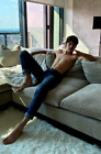 Male Shirtless Bare Foot Hunk Sitting on Couch Hot Beefcake 4X6 PHOTO E1095