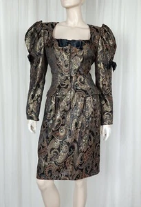 Vintage 80s Victor Costa black gold paisley brocade jacket & skirt suit dress ML - Picture 1 of 11