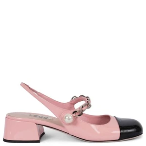 70061 auth MIU MIU pink patent CHAIN & PEARL MARJ JANE 35 Slingbacks Shoes 38 - Picture 1 of 7