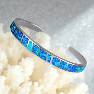 Xmas Gift Love Blue Fire Opal Gemstone Silver Adjustable Size Bangles - Picture 1 of 4