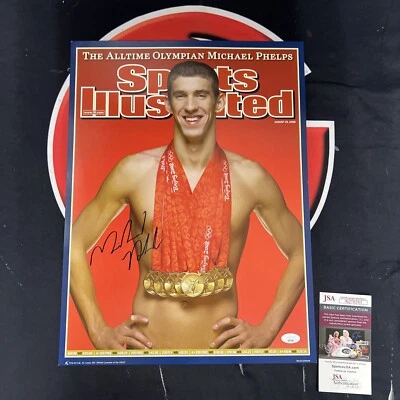 Foto de portada autografiada por Michael Phelps 13X18 Sports Illustrated firmada certificado de autenticidad JSA Foto 1 de 4