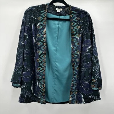 Sundance Cardigan Kimono Womens Medium Petite MP Blue Embroidered Velvet Burnout - Image 1 of 4