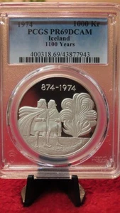 1974 ICELAND 1000 KRONUR SILVER PROOF 1st settlement 1100 years 30 grams - Picture 1 of 4