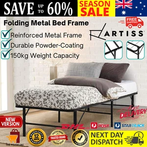 Folding Bed Frame King Single Metal Bed Base Portable Steel Space-Saving Black - Picture 1 of 13