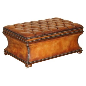 FULLY RESTORED ANTIQUE VICTORIAN BROWN LEATHER CHESTERFIELD TUFTED OTTOMAN STOOL - Picture 1 of 17