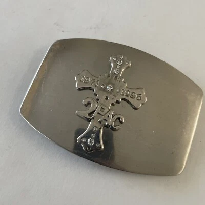 2 PAC Belt Buckle Silver Tone Metal Cross 1971 1996 Tupac Shakur VTG - Image 1 of 4