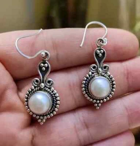Pearl Gemstone Dangle/ Drop Earring 925 Sterling Silver Handmade Jewelry R-204 - Picture 1 of 7