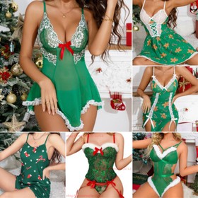 Valentines Lingerie Women Sexy Santa Green Hollow Thong Set Nightdress Underwear