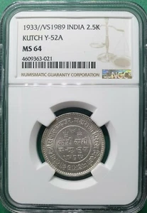 1933 // VS1989 INDIA 2.5 KORI KUTCH Y-52A SILVER NGC MS 64 - Picture 1 of 2