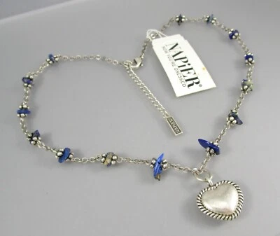 NWT  NAPIER Silver Tone Blue Stone Chips Dangling Heart Adjustable Necklace 8449 - Image 1 of 4