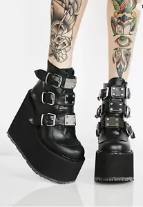 DEMONIA Swing 105 Black Patent Multiple Buckle Ankle Boot 5.5" Platform Sz 8.5 - Picture 1 of 11