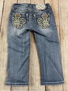 Miss Me Jeans Girls Cuffed Capri Pants Size 12 Rhinestone Logo Light Wash - Picture 1 of 8