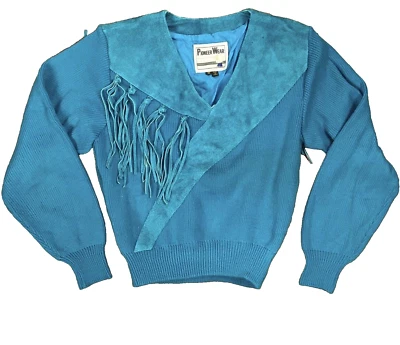 Suéter de Colección Años 80 Pioneer Wear Flecos Mujeres M Verde Azulado Gamuza Tejido Pullover Vaquera Foto 1 de 4