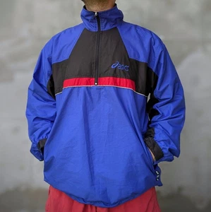 Asics VTG DuoTech Half-Zip Windbreaker Jacket Men’s XL – Blue Black Red Retro - Picture 1 of 18