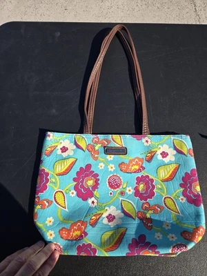 Bolso de Mano Longaberger Floral Verde Azulado/Marrón Forro Pequeño Hecho en EE. UU. ¡BONITO! Foto 1 de 4