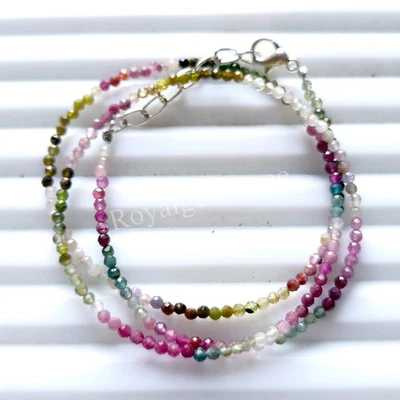 Natural Tourmaline Gemstone Beads, 2mm Faceted Round Tourmaline Beaded Necklace - Image 1 of 3