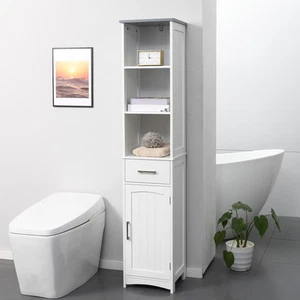 Tall Bathroom Storage Cabinet, Freestanding Linen Tower Slim Organizer, White - Picture 1 of 11