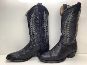 VTG MENS TONY LAMA COWBOY BULLHIDE BLACK BOOTS SIZE 9 D - Imagen 1 de 10