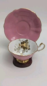 Queen Anne Bone China Tasse & Untertasse - rosa & weiß mit goldenen Rosen & Borte - England - Bild 1 von 22
