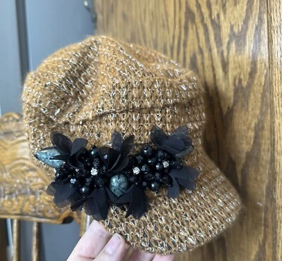 Olive & Pique Ladies Brown Embellished Knit Newsboy Style Cap - Image 1 of 4