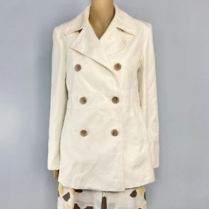 Ann Taylor Trench Rain Pea Coat Double Breasted Size Small Ivory Cotton Canvas - Picture 1 of 11