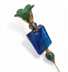 Evening in PARIS Hatpin Amazing SEA BLUE Glass with on Brass Finish Setting - 8" - Picture 1 of 12