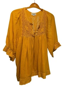 Bohemian fließende Häkel Tunika Bluse Gr. 2 gelb Hippie 3/4 Arm naiv Ibiza - Bild 1 von 13