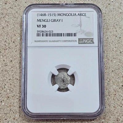 Moneda de plata 1468-1515 Mongolia Akce Mengli Giray I NGC losa y clasificación en estado bastante bueno 30 Foto 1 de 4