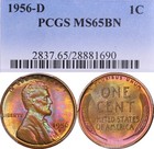 MINT STATE 65BN 1956-D 1C LINCOLN WHEAT CENT, PCGS OLD HOLDER- MINT SET RAINBOW TONED