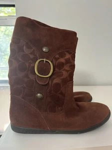 Coach Vintage Boots Women 7.5 Brown Suede  Signature Pull On Lining Monogram - Picture 1 of 8