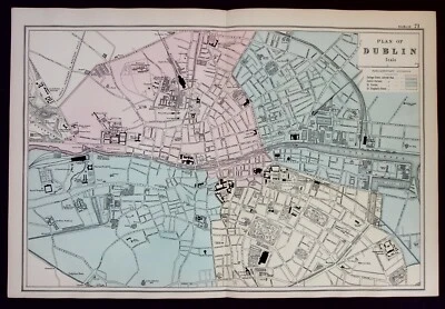 DUBLIN CITY PLAN, original antique atlas map, RAILWAYS, G. Bacon, 1890 - Изображение 1 из 4
