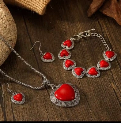 Juego de 3 piezas de joyería para mujer colgante rojo, pulsera, pendientes Foto 1 de 3