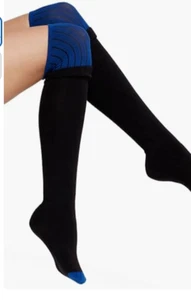 DKNY Hosiery Colorblock Knit Over The Knee Socks Black & Blue 7672 - Picture 1 of 2
