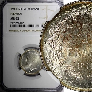 Belgium Albert I Silver 1911 1 Franc Flemish Dutch Text NGC MS63 KM# 73.1 (02) - Picture 1 of 5
