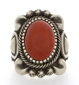 7.25 - High Grade Natural Mediterranean Coral Ring By Navajo Artist Thomas Jim - Bild 1 von 5