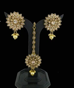 Indian Jewelry Earring Tops Tikka Set Gold Mehandi Plated Tops Earring Tikka Set - Bild 1 von 1