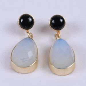 Elegant Black Onyx And White Opalite Dual Stone Bezel Set Dangle Earrings - Picture 1 of 6